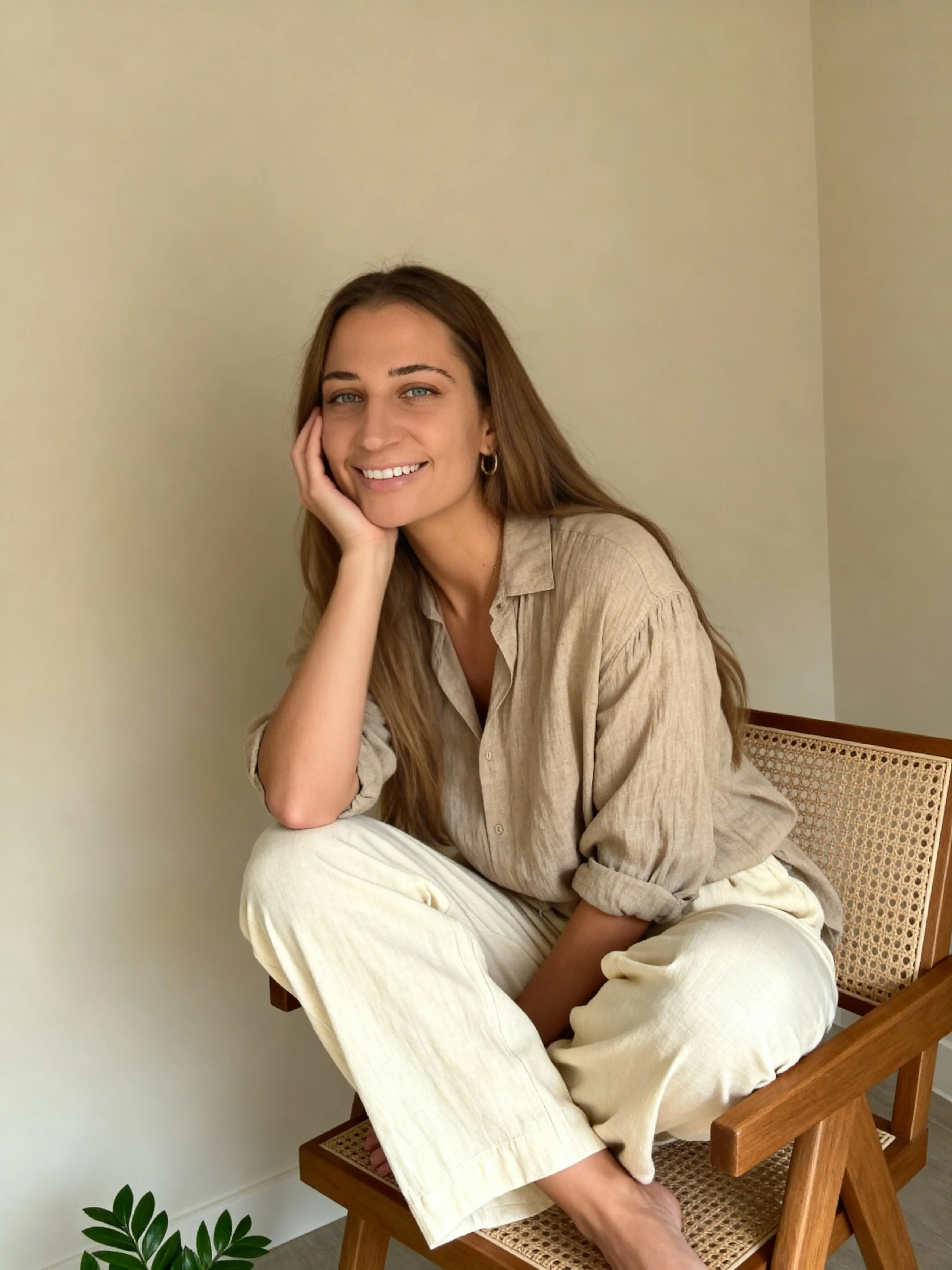 Psychologist Monique Girardo smiling at the camera and sitting on a chair